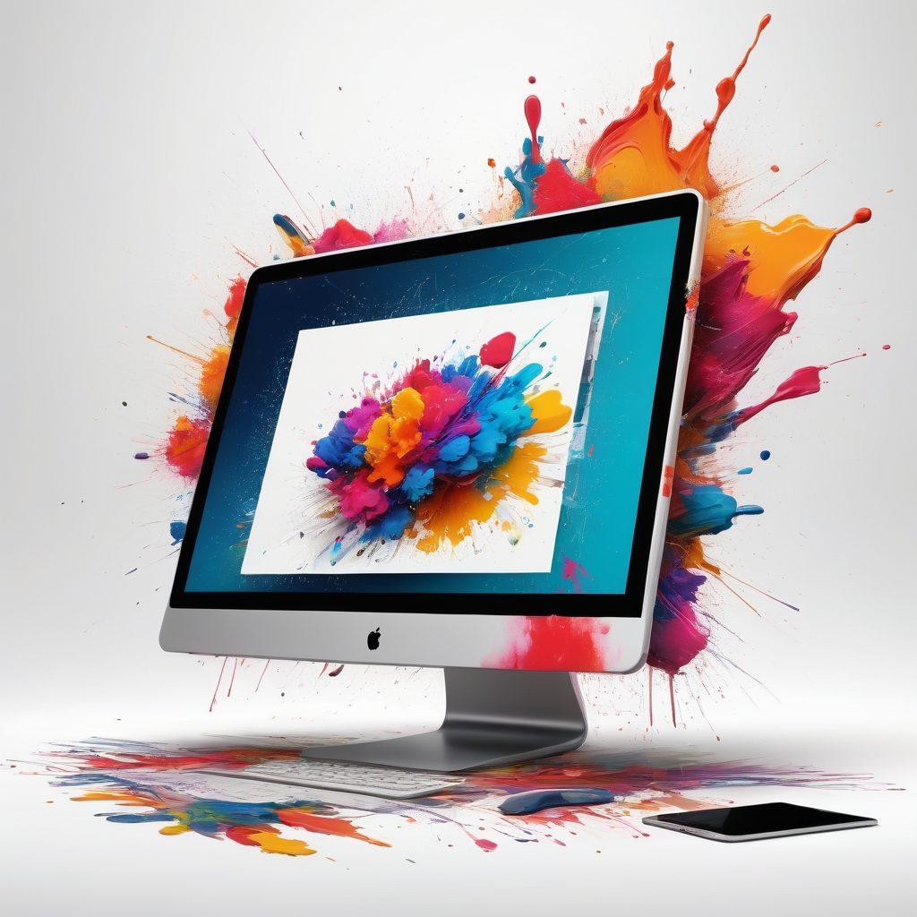 A dynamic scene showcasing a fusion of digital tools and traditional art forms, featuring vibrant paint splashes merging with digital designs like 3D models and graphic tablets. Include diverse artists passionately creating, surrounded by colorful sketches and digital screens, symbolizing the intersection of technology and creativity. Bright, energetic atmosphere with abstract patterns in the background. super-realistic. vibrant colors. white background.