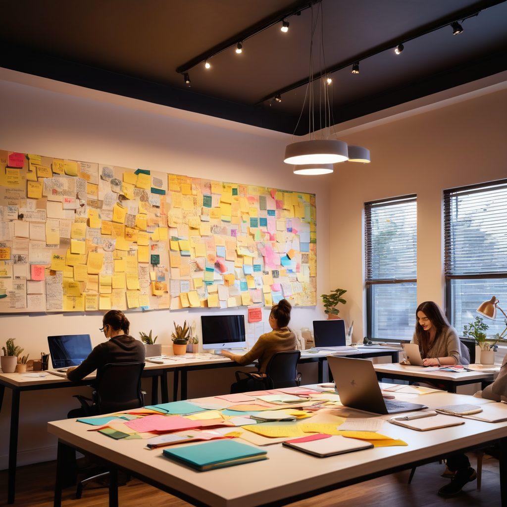 A vibrant workspace filled with creative tools and digital devices, showcasing a diverse group of individuals brainstorming and collaborating around a large table. Each person is engaged, with sketches, laptops, and colorful sticky notes scattered about, symbolizing the transition from ideas to tangible projects. Warm lighting casts an inspiring atmosphere, with a backdrop of inspirational quotes on the walls. A sense of movement and energetic creativity in the air. super-realistic. vibrant colors. 3D.