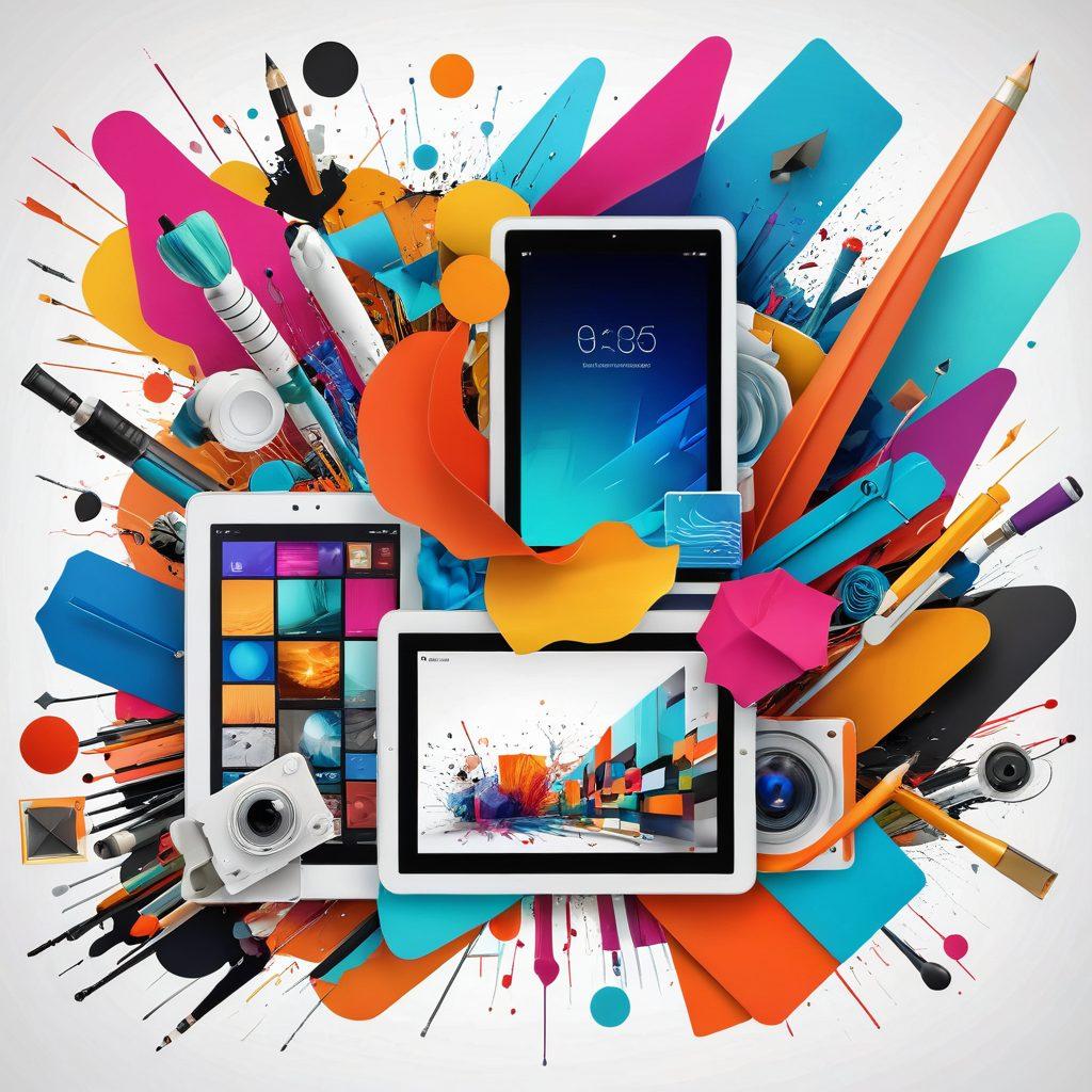 A dynamic collage depicting various multimedia design tools like digital tablets, graphic software interfaces, and vibrant art pieces coming to life. Include abstract shapes and flowing colors representing artistic expression and creativity. Showcase diverse artists engaged in collaboration, emphasizing innovation in design. Create a sense of movement and exploration. super-realistic. vibrant colors. white background.